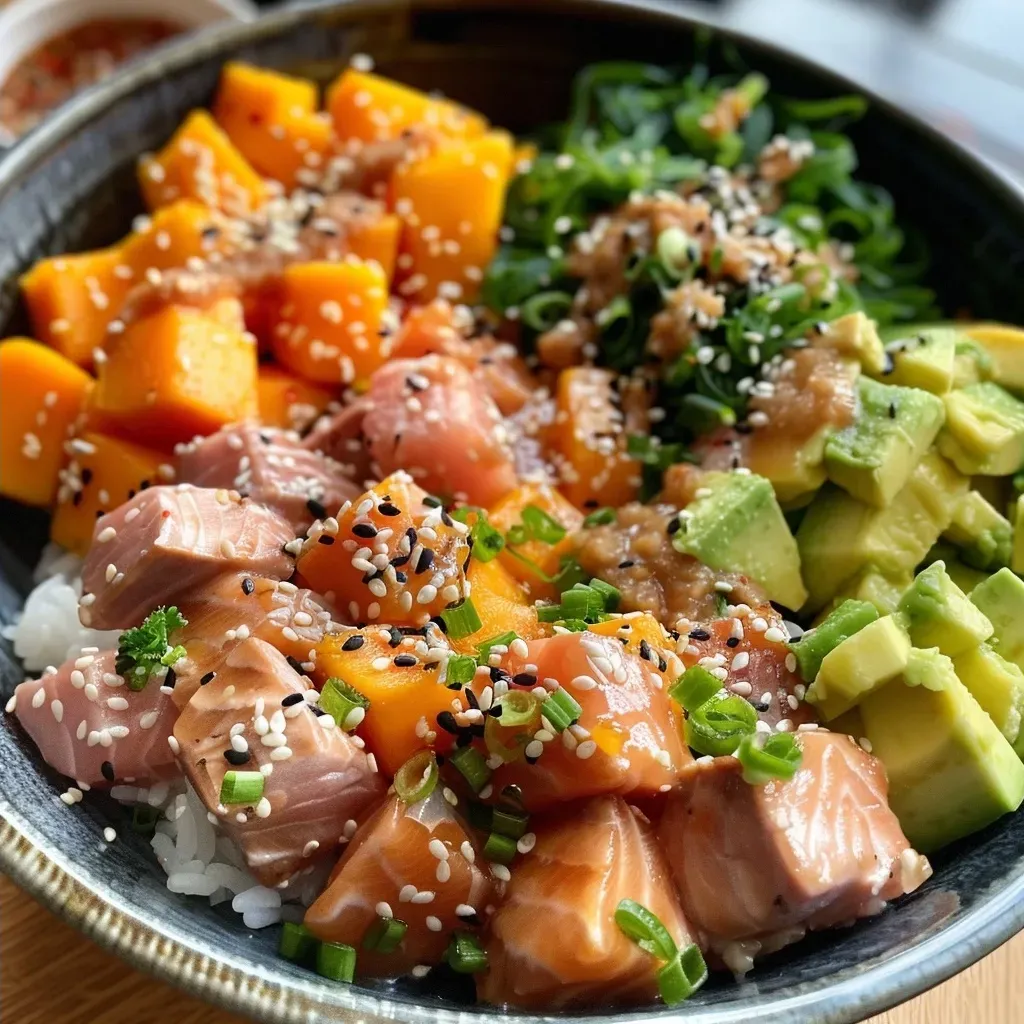 Close-up view of a vibrant Thunfisch bowl featuring tuna, mango, and vegetables.