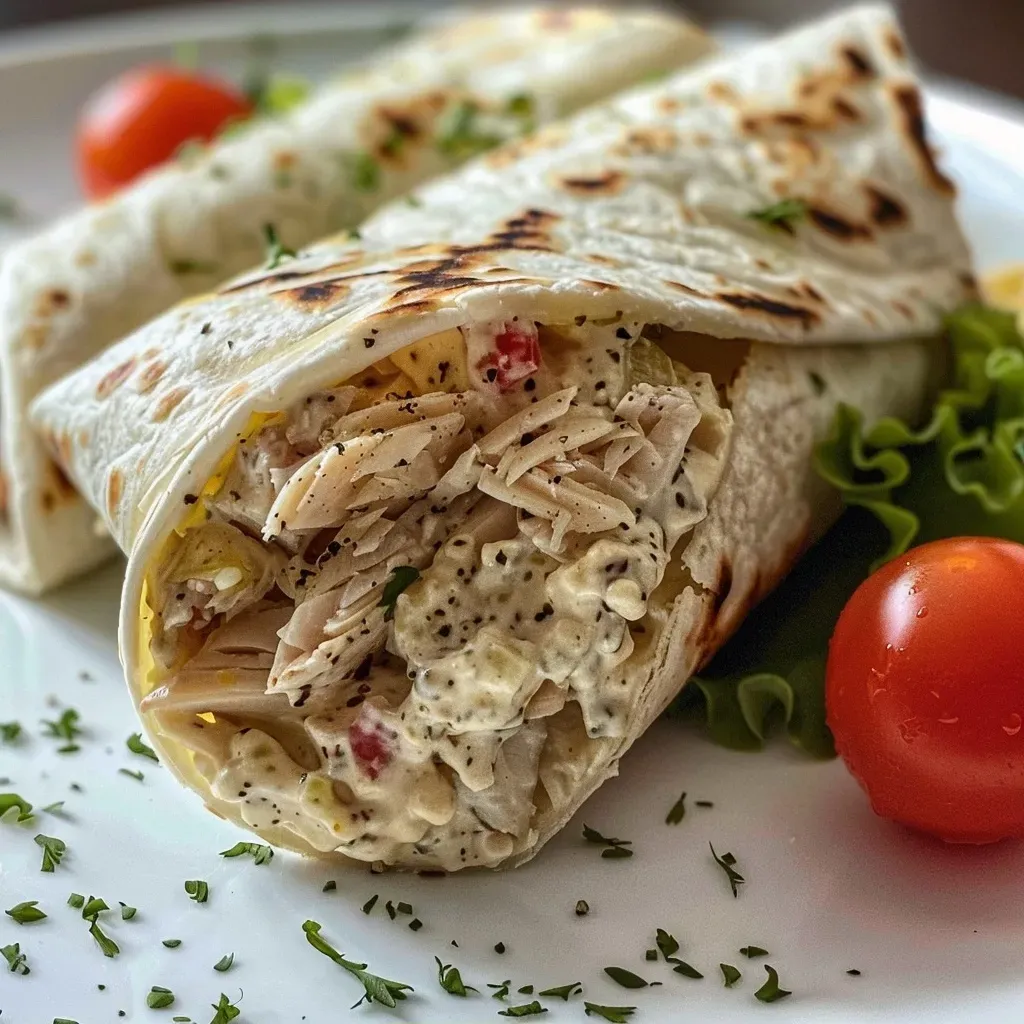 Side view of a delicious tuna wrap showcasing vibrant vegetables.