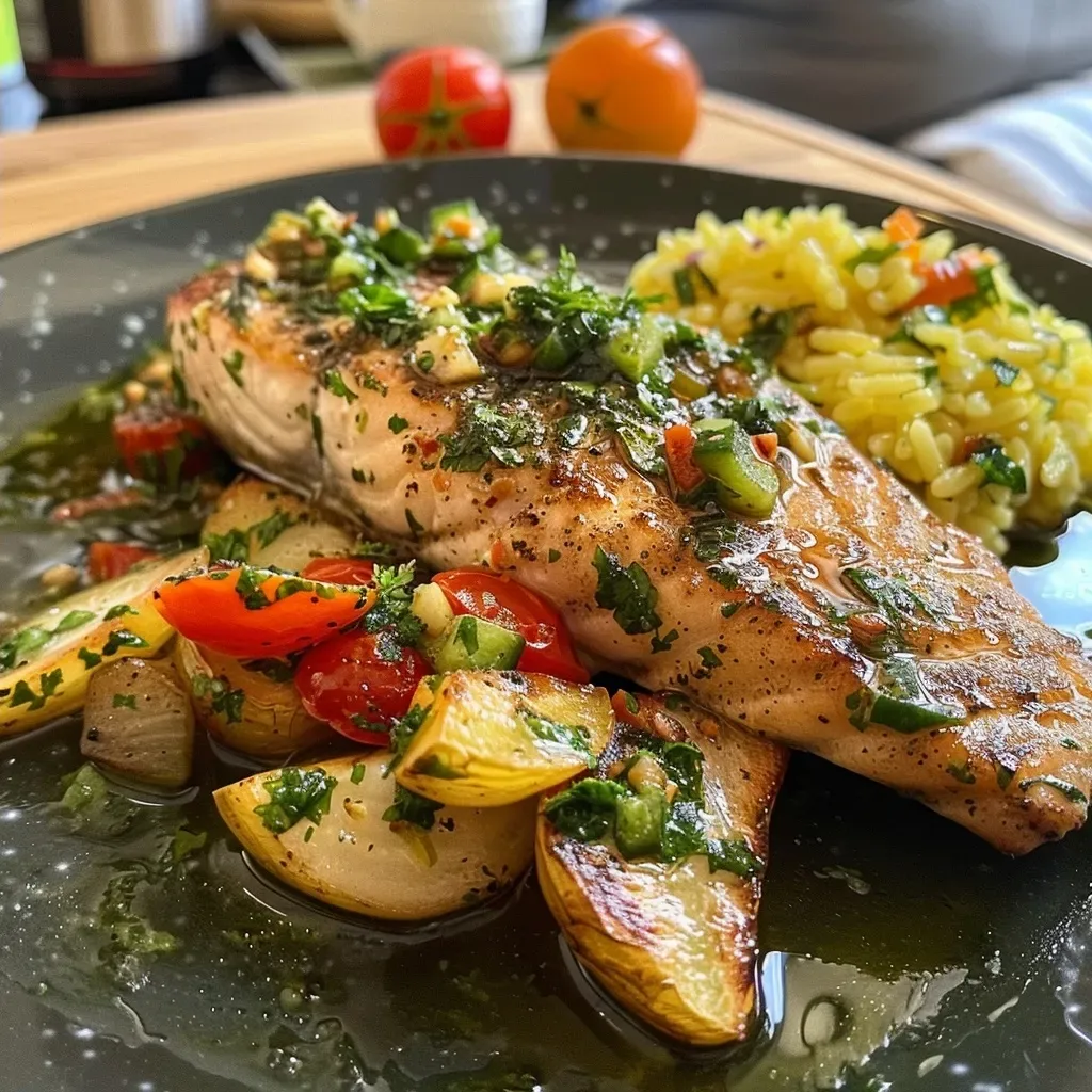 Close-up view of a delicious Thunfischpfanne with green beans, presented in a rustic dish.