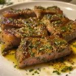 ['Close-up side view of a juicy air-fried tuna steak, garnished with seasoning.', 'Succulent tuna steak presented on a plate with a golden crust and visible spices.', 'A side shot of a perfectly cooked tuna steak from the air fryer, showing its tenderness.', 'Air-fried tuna steak displayed with a hint of olive oil and spices, highlighting its juiciness.']