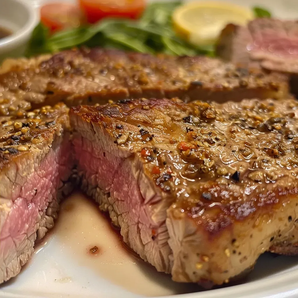 Close-up side view of a juicy air-fried tuna steak, garnished with seasoning.