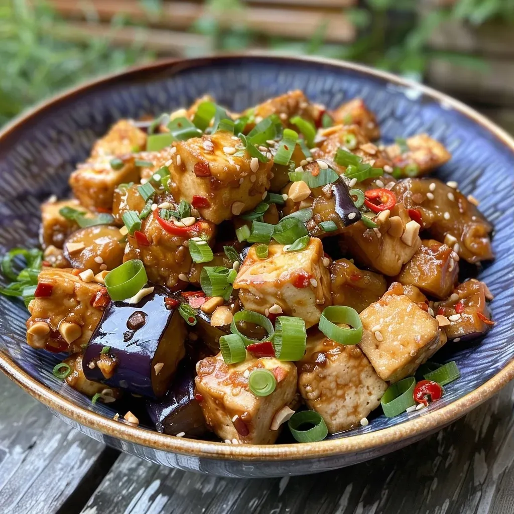 Close-up view of a vibrant tofu and aubergine stir fry, showcasing juicy cubes of tofu and colorful vegetables.