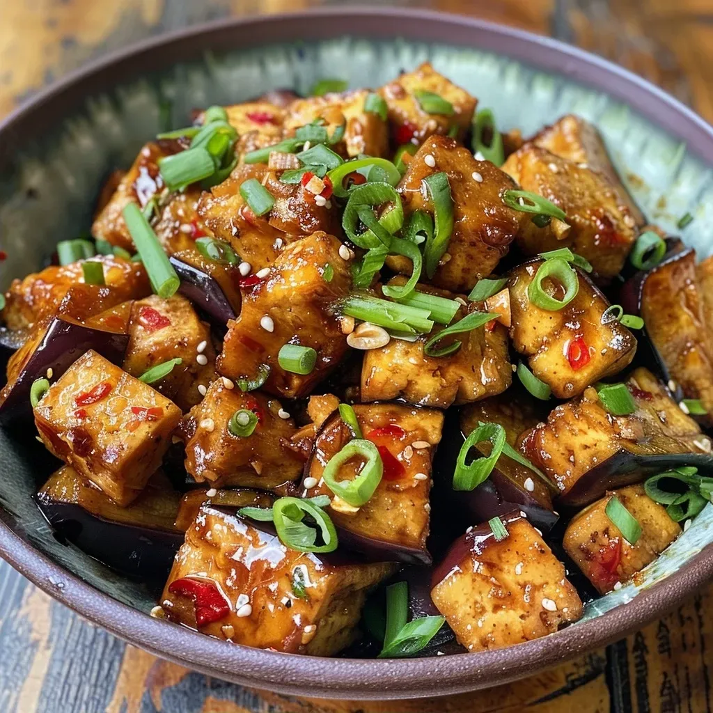 A side view of a delicious tofu aubergine dish, highlighting the glossy sauce and fresh ingredients.