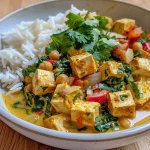Close-up view of a vibrant tofu curry with colorful vegetables and coconut milk.