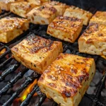 Close-up view of grilled tofu skewers, golden-brown and garnished.