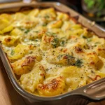 Close-up view of a layered Süßkartoffel-Fenchel-Gratin with golden cheese topping.