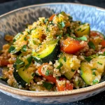 A close-up view of Zucchini Pfanne mit Bulgur in a bowl, showcasing diced zucchini and colorful tomatoes.