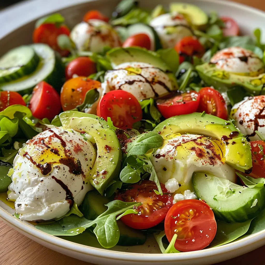 A close-up side view of a burrata salad featuring creamy burrata cheese, arugula, and cherry tomatoes.
