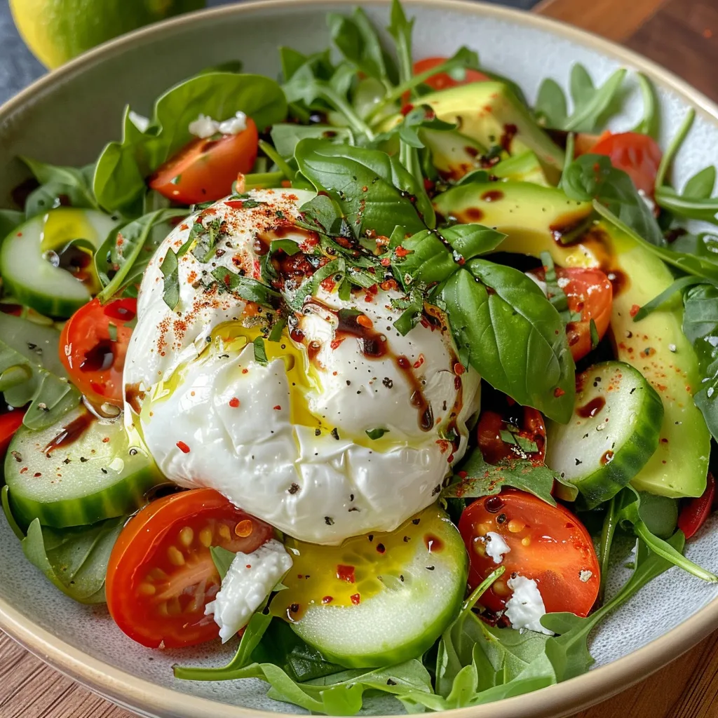 A vibrant burrata salad with sliced peaches and red onions, drizzled with olive oil and balsamic glaze.