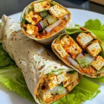 Close-up view of a shredded tofu wrap with vibrant ingredients.