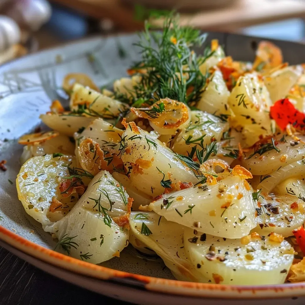 Close-up view of layered baked fennel with melted cheese.