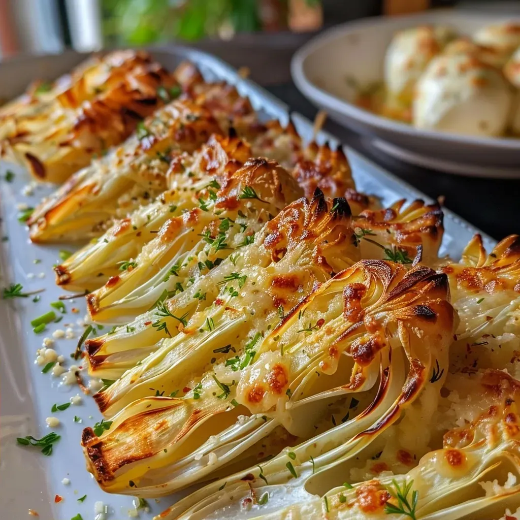 Side angle of Überbackener Fenchel topped with mozzarella and herbs.