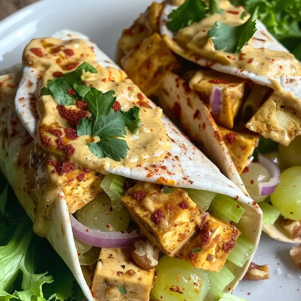 Close-up of a vegan curried tofu wrap filled with vibrant ingredients.