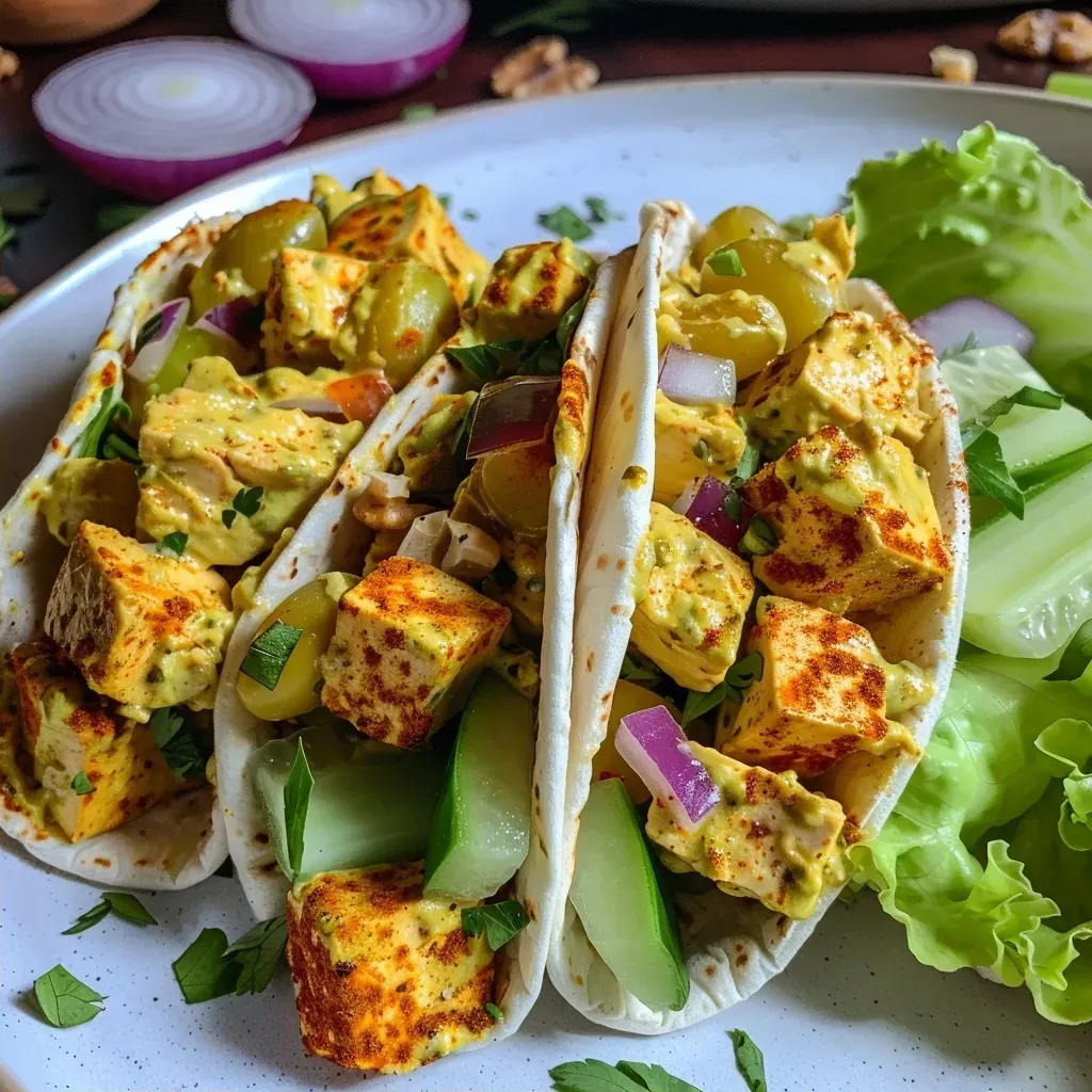 Side view of a delicious Vegan Curried Tofu Wrap showcasing colorful fillings.
