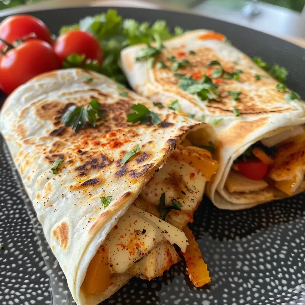 Side view of golden-brown wraps with visible chunks of chicken and vegetables.