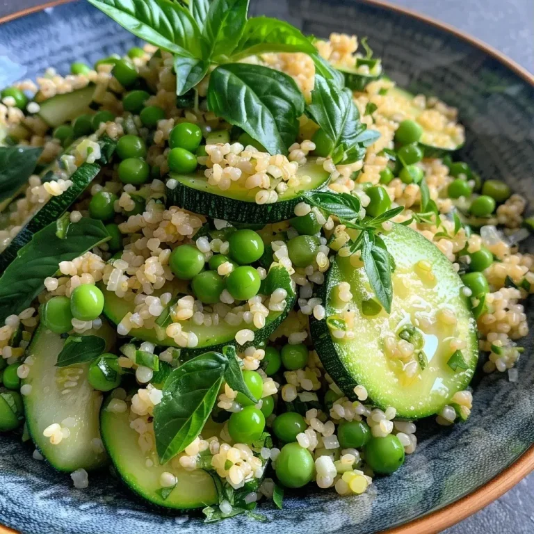 Close-up of a vibrant Roasted Zucchini Bulgur Salad with fresh herbs and vegetables.