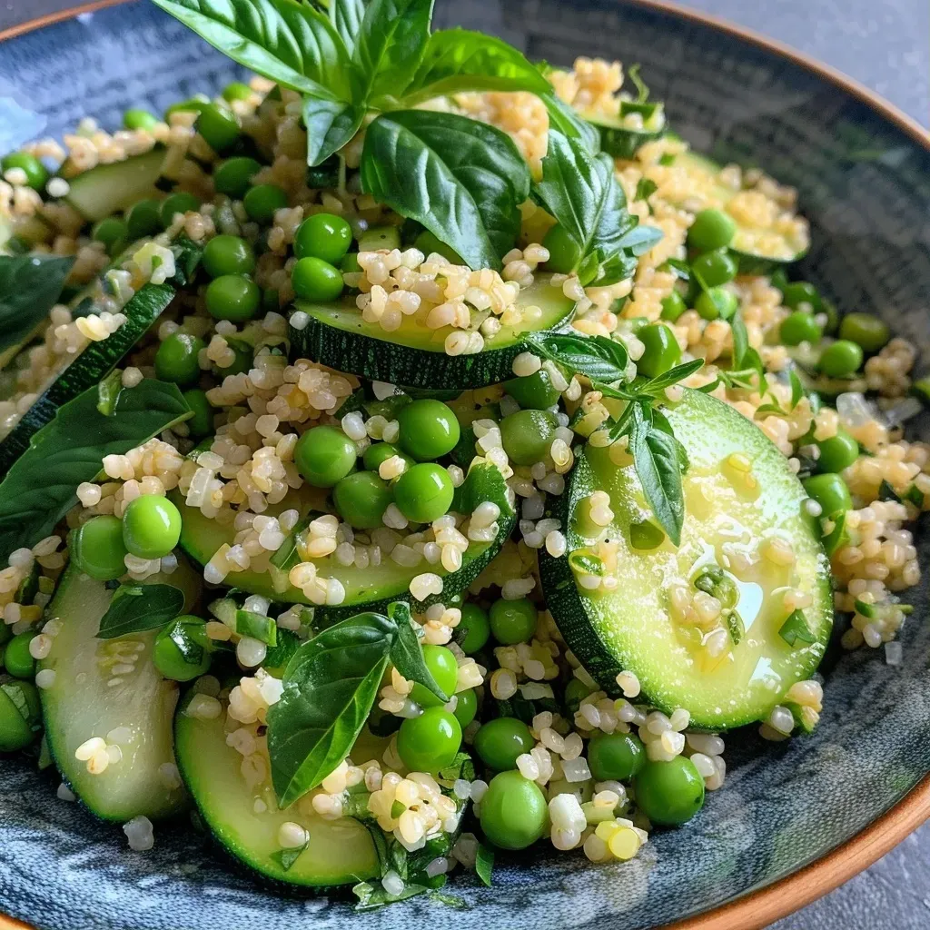 Close-up of a vibrant Roasted Zucchini Bulgur Salad with fresh herbs and vegetables.