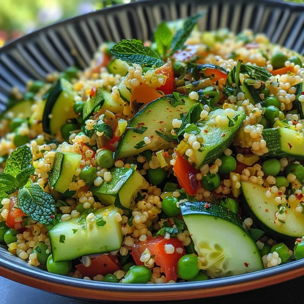 Side view of a colorful salad featuring zucchini, bulgur, and fresh greens.