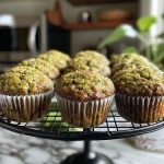 Close-up side view of juicy zucchini muffins with a golden-brown top.