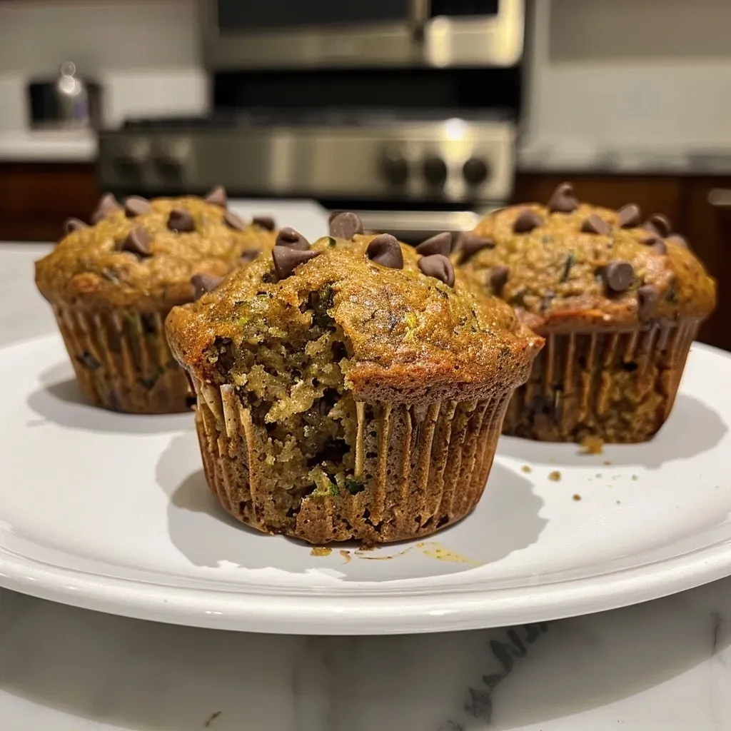 Close-up view of freshly baked zucchini muffins with a golden-brown crust.