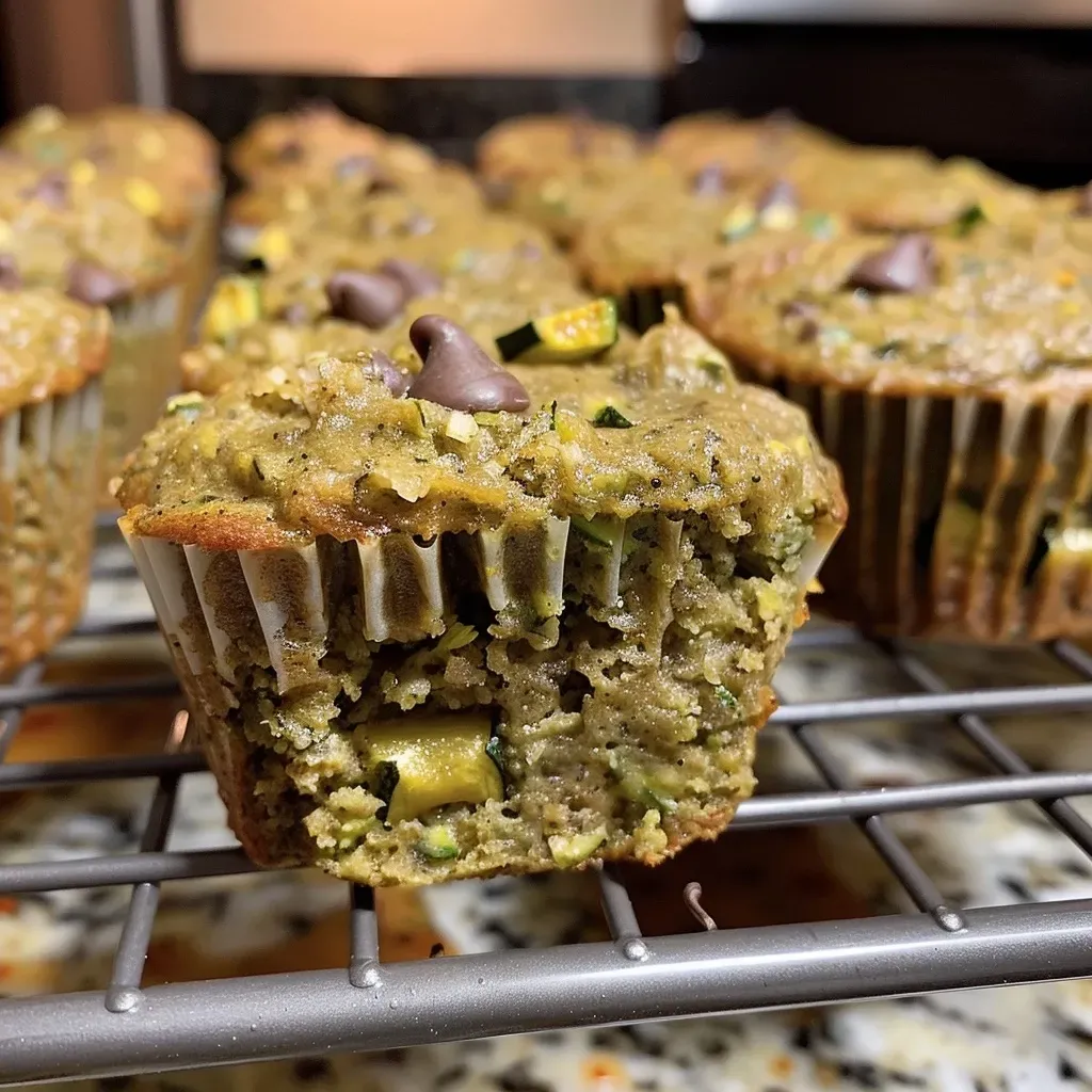 Juicy zucchini muffins with chocolate chips and walnuts displayed on a rustic background.