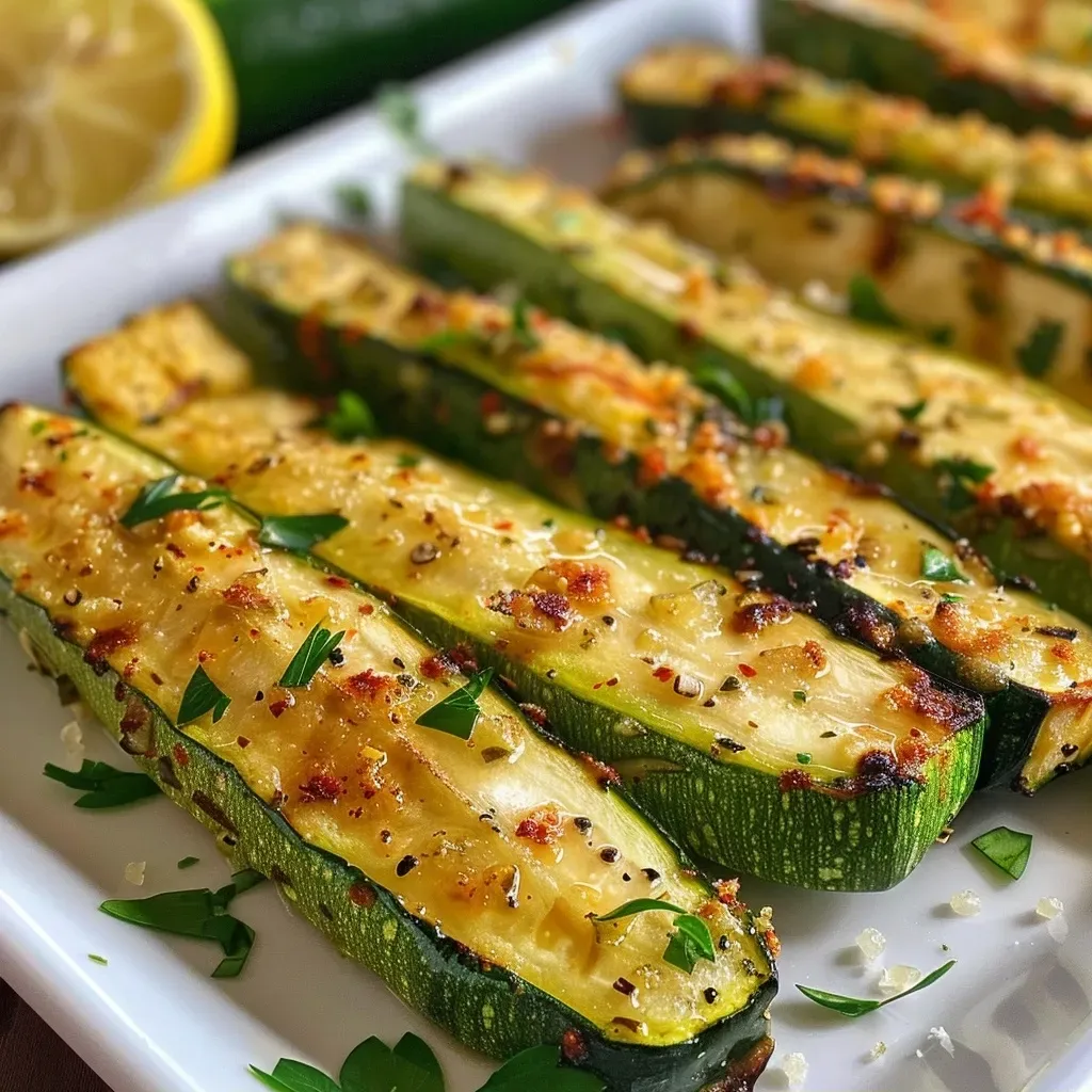 Close-up view of golden-brown air-fried zucchini slices garnished with parsley.