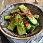 Close-up view of a vibrant Asiatischer Gurkensalat topped with sesame seeds.