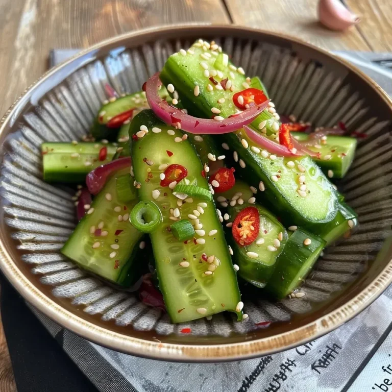 Schneller asiatischer Gurkensalat: Frisch, würzig und voller Crunch Close-up view of a vibrant Asiatischer Gurkensalat topped with sesame seeds.
