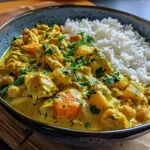 Close-up side view of creamy Blumenkohl Curry with vibrant vegetables.