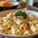 Close-up of creamy Brokkoli Cheddar Pasta with pieces of garlic chicken.