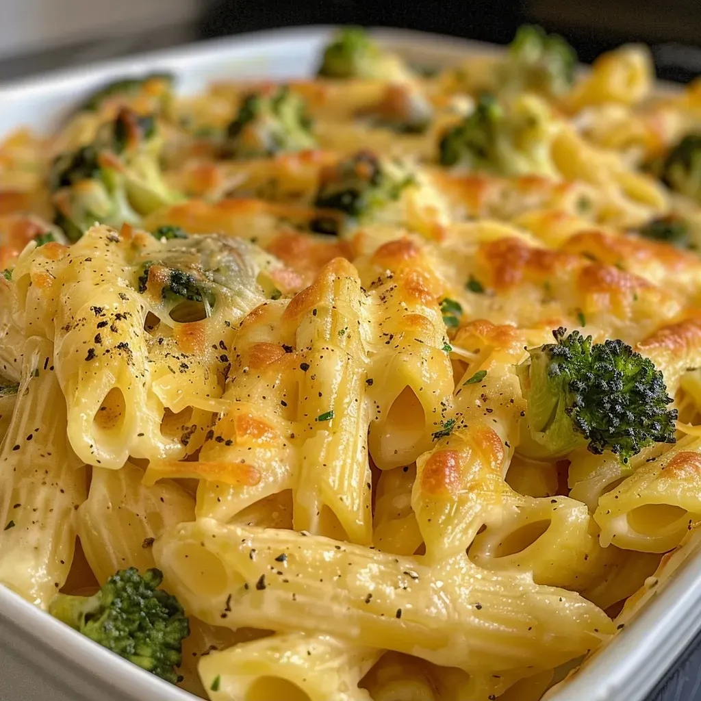 Juicy pasta dish featuring cheddar cheese and tender broccoli, garnished with chicken.
