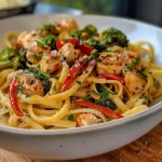 A close-up view of a bowl of broccoli pasta with spaghetti, garnished with Parmesan cheese.