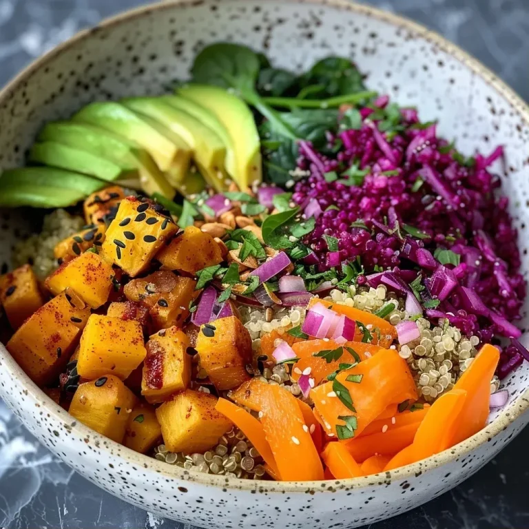 Power für den Tag: Die leckere Buddha Bowl mit Süßkartoffeln Close-up view of a colorful Buddha bowl featuring diced sweet potatoes and various fresh ingredients.