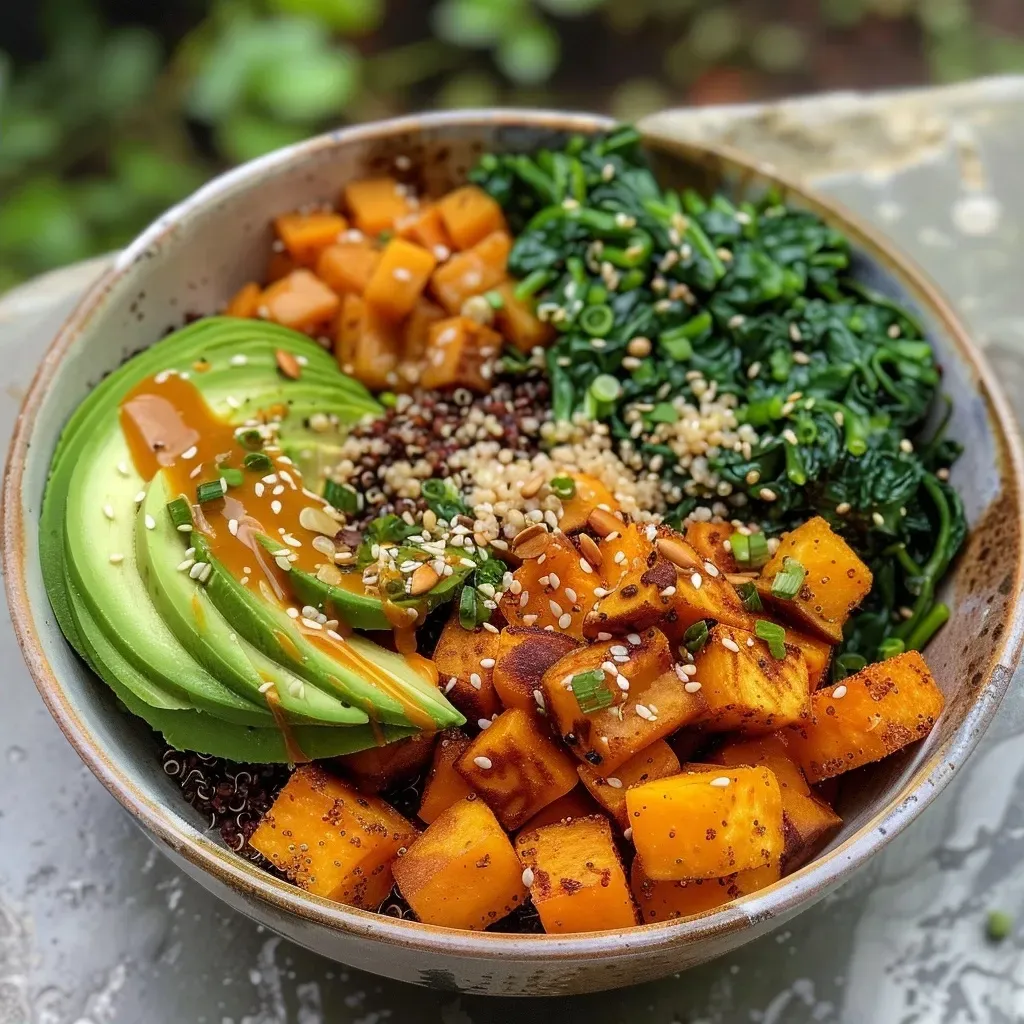 A vibrant Buddha bowl filled with quinoa, spinach, and sliced avocado, topped with spices.