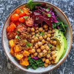 A colorful Buddha Bowl featuring diced sweet potatoes, chickpeas, and vibrant vegetables.