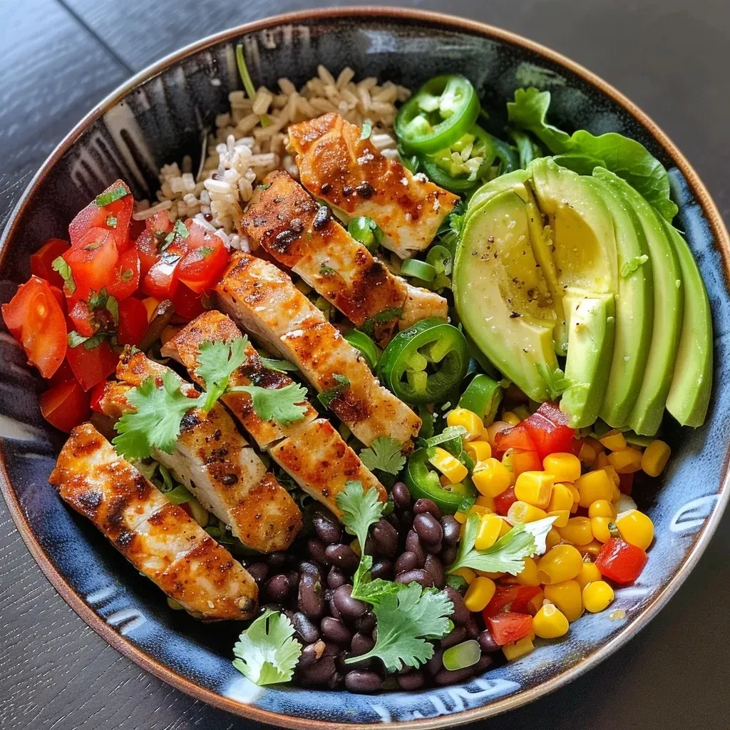 A colorful burrito bowl with layers of rice, beans, and avocado.