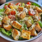 Close-up view of a Caesar salad topped with crispy chicken breast and garnished with cherry tomatoes.