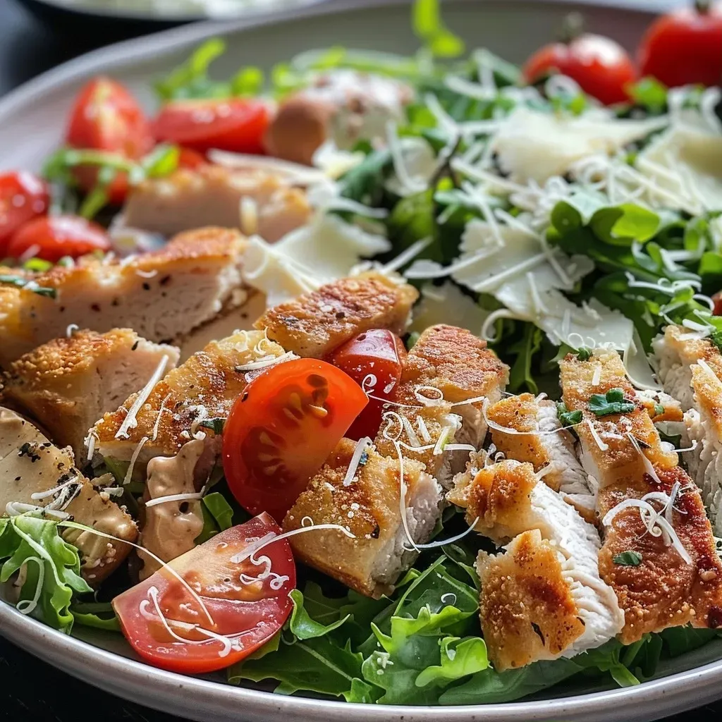A close-up side view of a classic Caesar salad featuring crisp romaine lettuce, grilled chicken, and Parmesan cheese.
