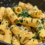 Creamy pasta with ham and peas topped with grated cheese.