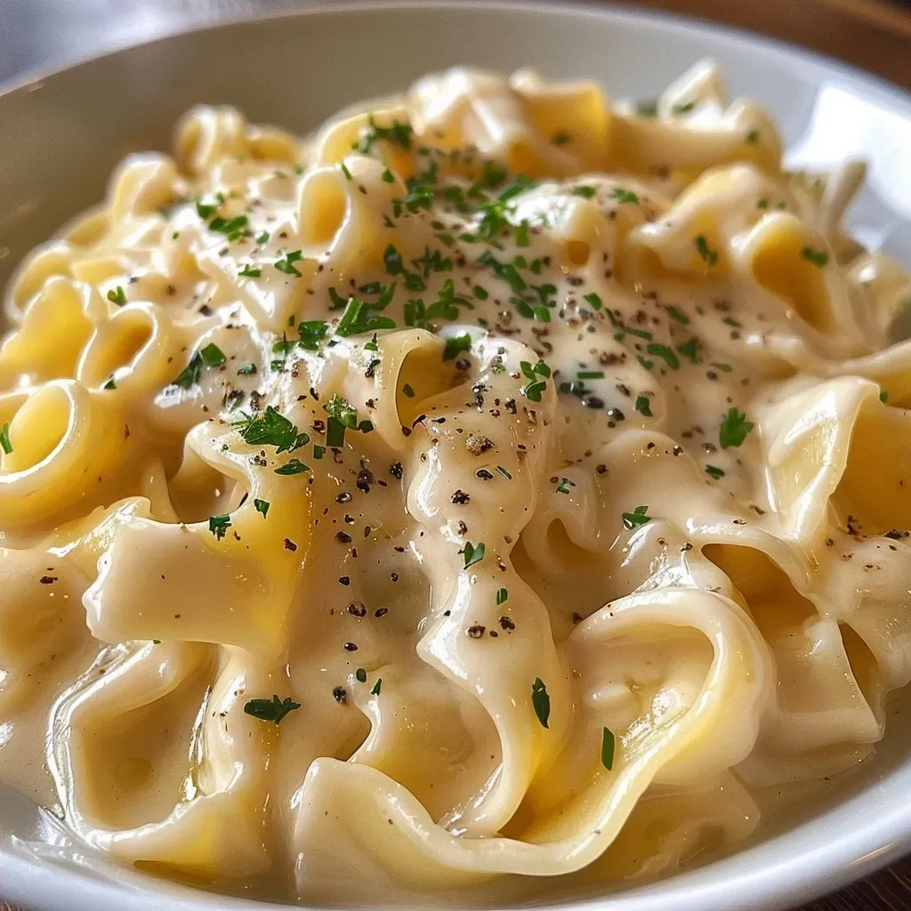 Side perspective of a plate featuring creamy chanterelles mixed with pasta and herbs.