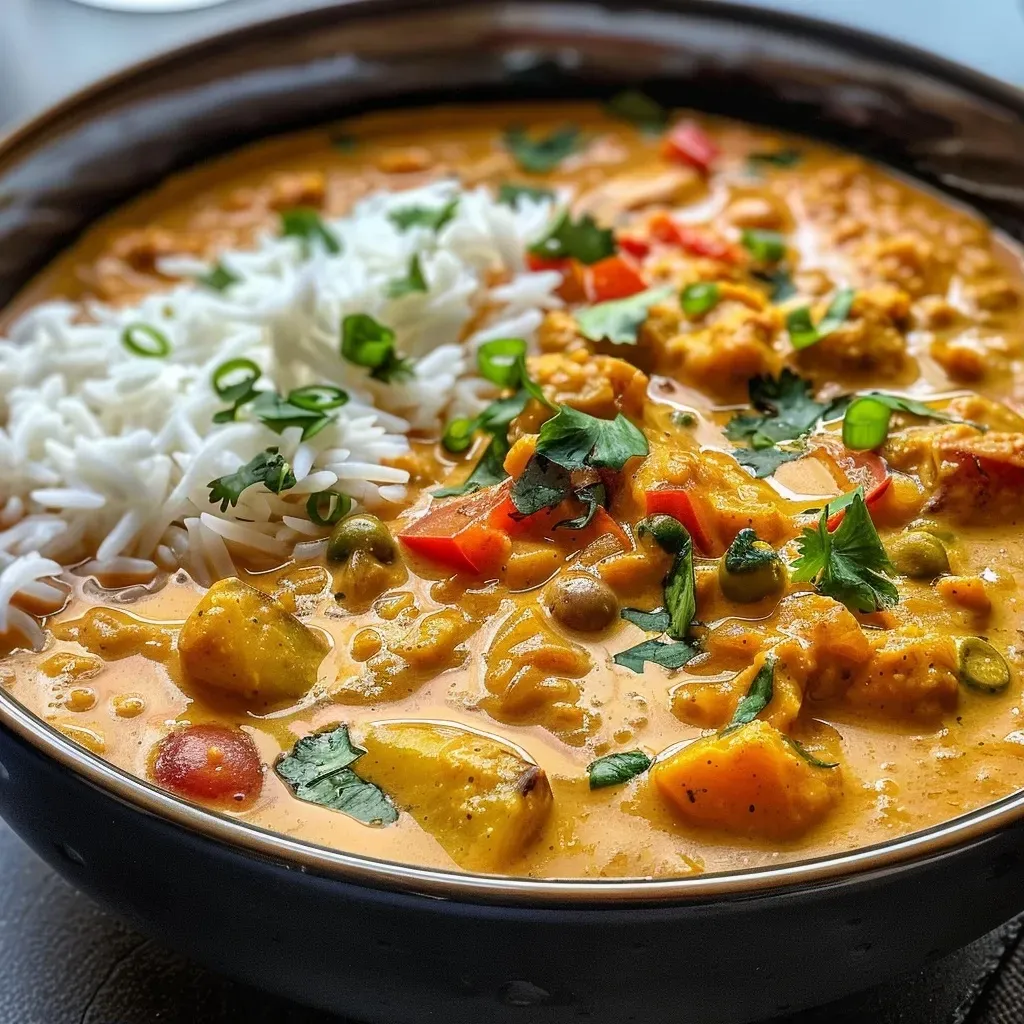 Close-up of creamy cauliflower curry with coconut milk in a bowl.
