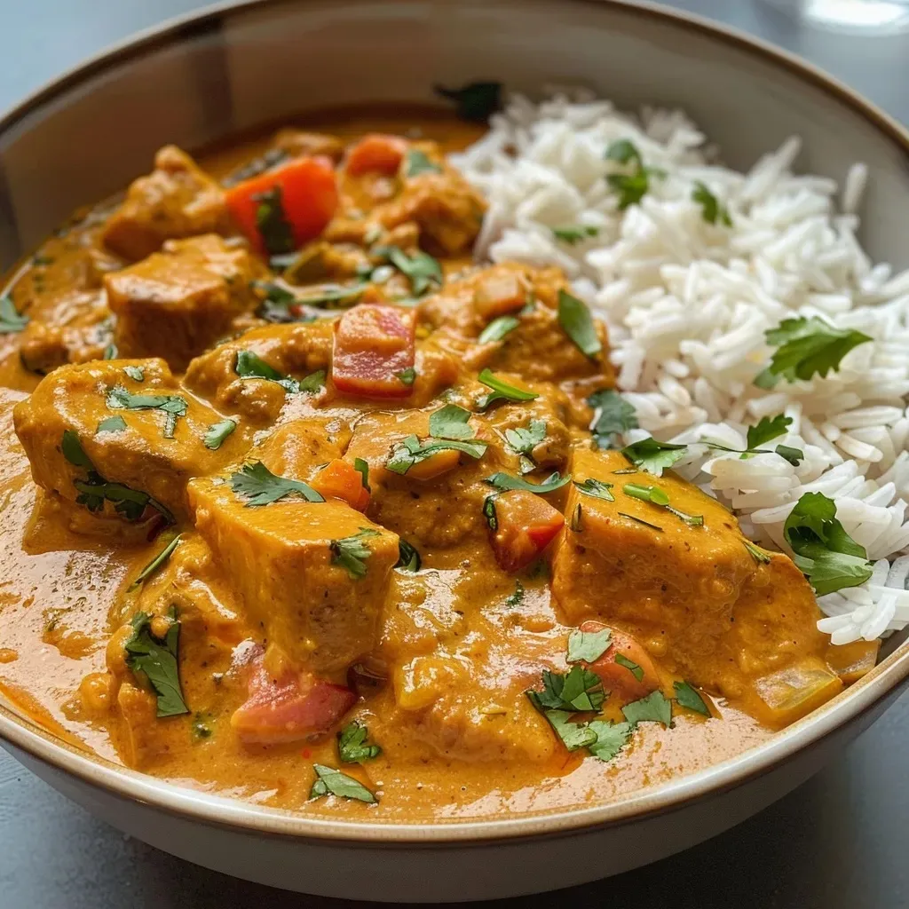 Side view of a rich and creamy cauliflower curry dish garnished with herbs.