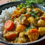 Close-up view of creamy cauliflower curry with vibrant spices and garnishes.