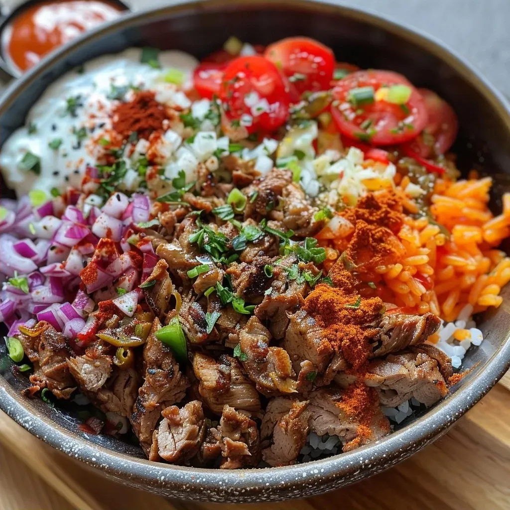 A delicious Döner Bowl filled with seasoned chicken, rice, and colorful toppings, captured in a side profile.