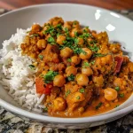 Close-up view of a colorful chickpea curry with vegetables in a bowl.