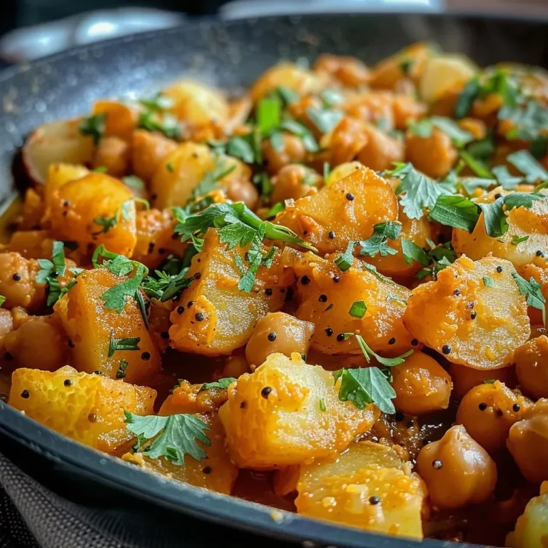 Close-up view of a vibrant chickpea potato curry in a bowl, showcasing spices and fresh ingredients.