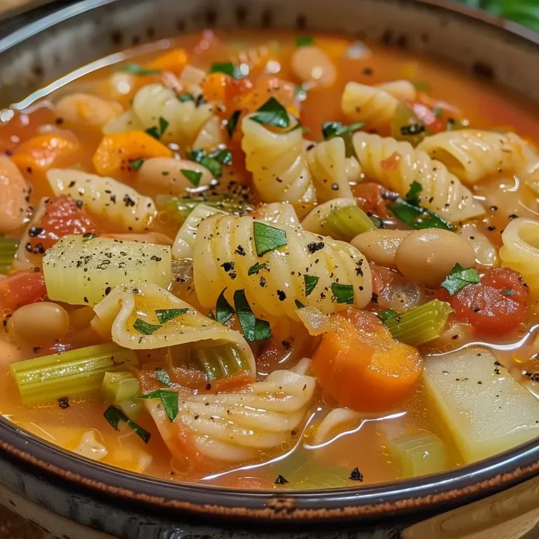 Close-up view of a hearty minestrone soup in a bowl, showcasing colorful vegetables and pasta.