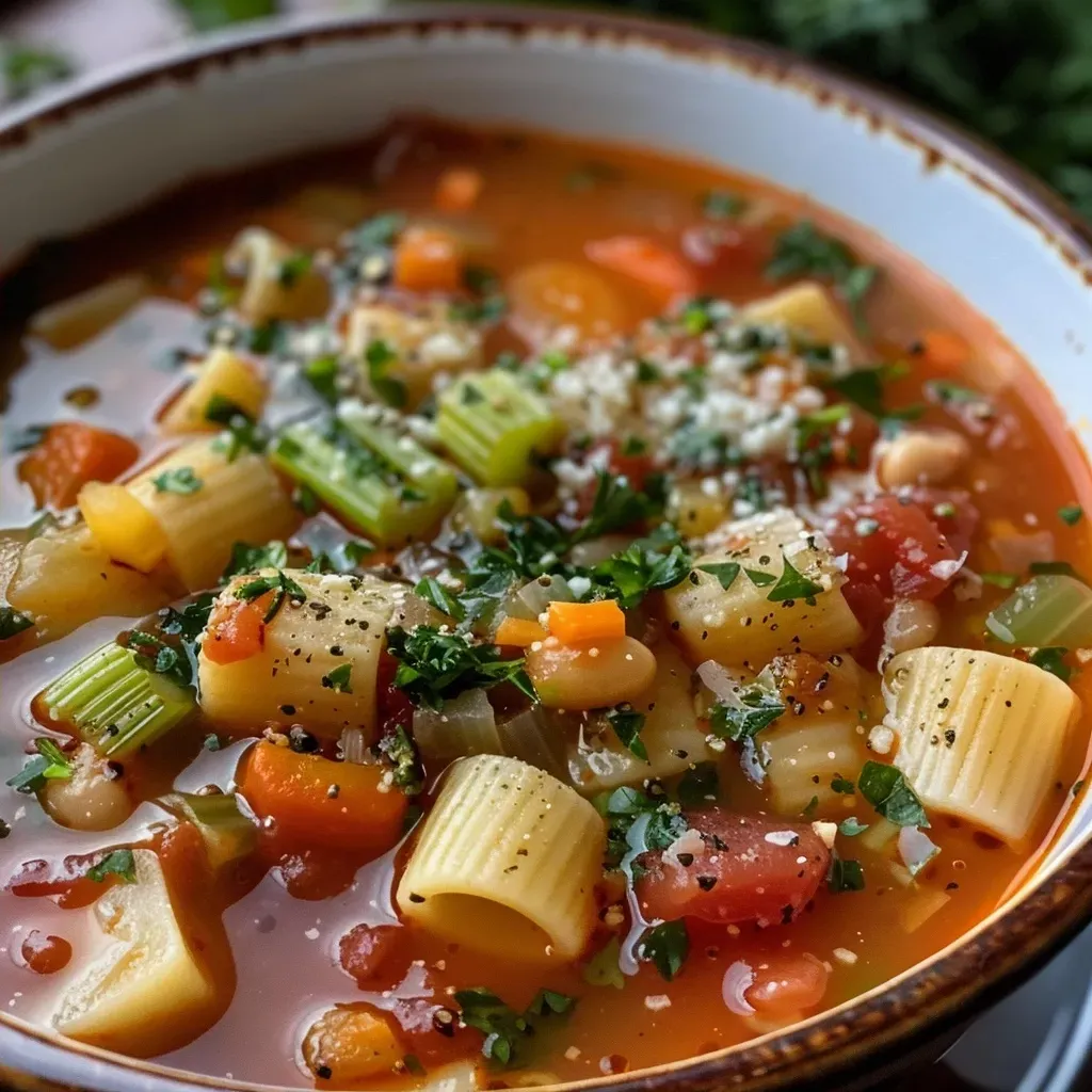 Side view of a delicious one-pot minestrone soup filled with vibrant seasonal veggies and beans.