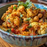 A bowl of vibrant cauliflower stew with spices and greens, viewed from the side.
