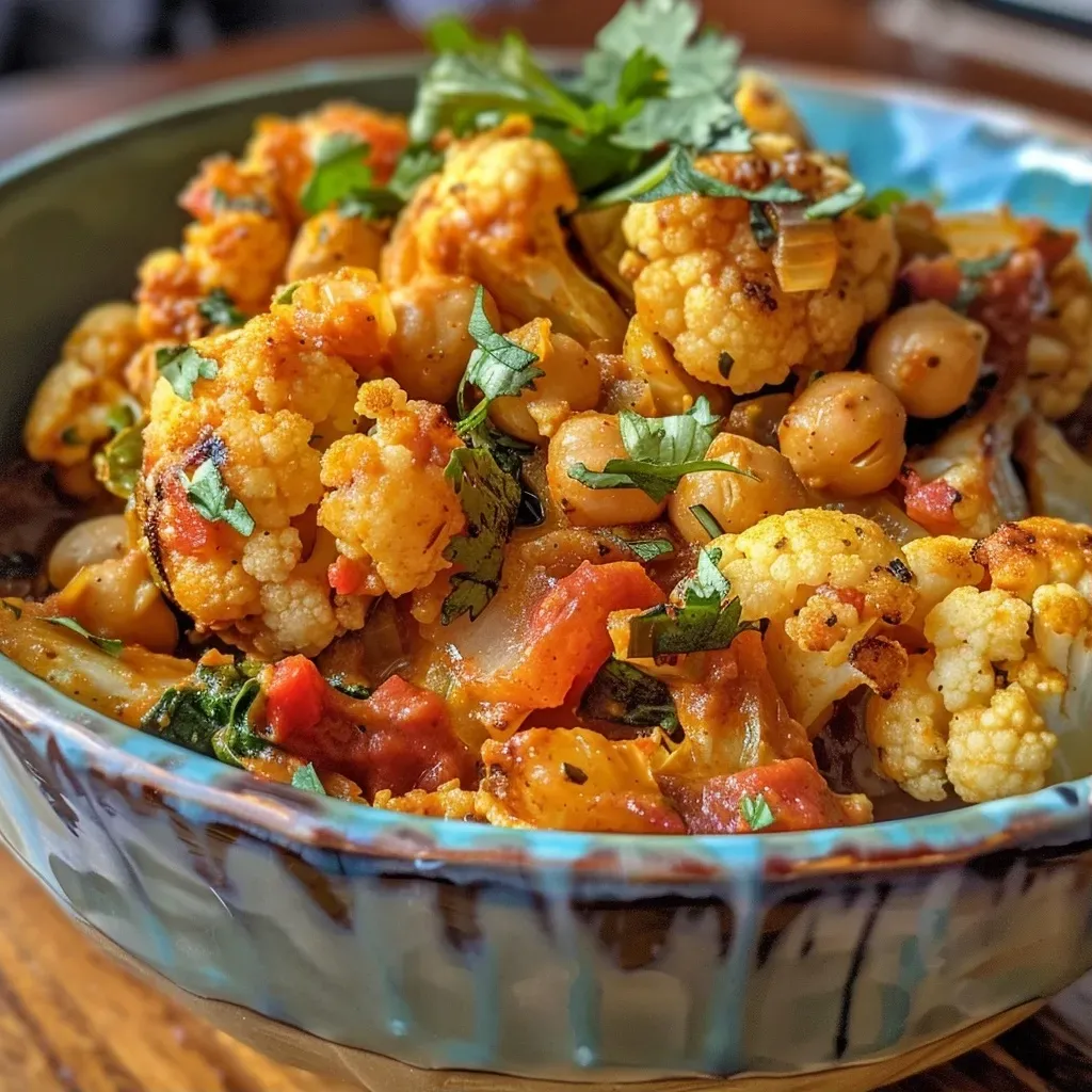 A bowl of vibrant cauliflower stew with spices and greens, viewed from the side.